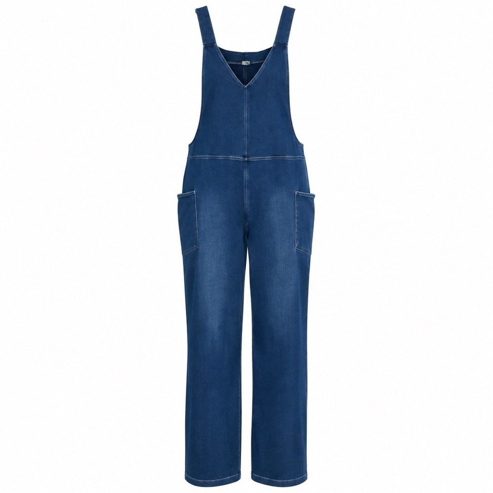 Halara Flex Denim Overall Jumpsuit Women Large Petite Blue V-Neck Relaxed Pocket